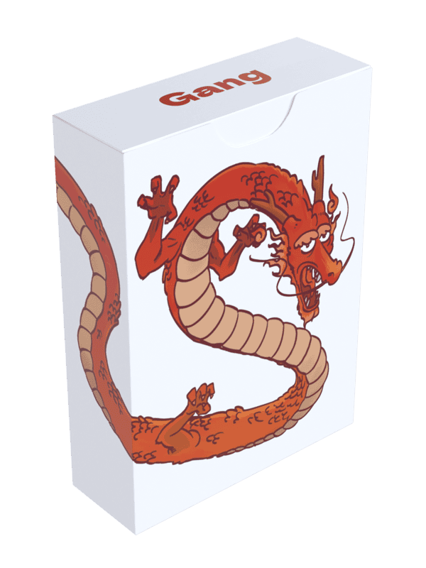 The game box. The box features a cartoon-style Chinese dragon. Its long, red, scaly body curls across the different sides of the box. On the top of the box, the word “Gang” is written in red.