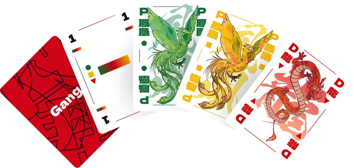 5 cards of the game. From left to right: a card back, the multicolor 1, the green phoenix, the yellow phoenix, and the red dragon.