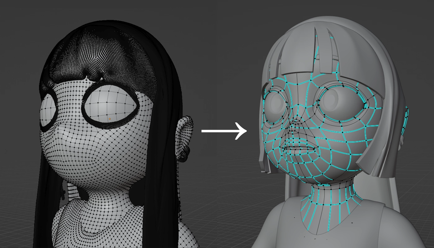 Retopology before/after A 3D view showing two versions of the girl character. On the left, the model is not very detailed and the 3D structure is messy. On the right, the model is much more detailed and the 3D structure is clear.