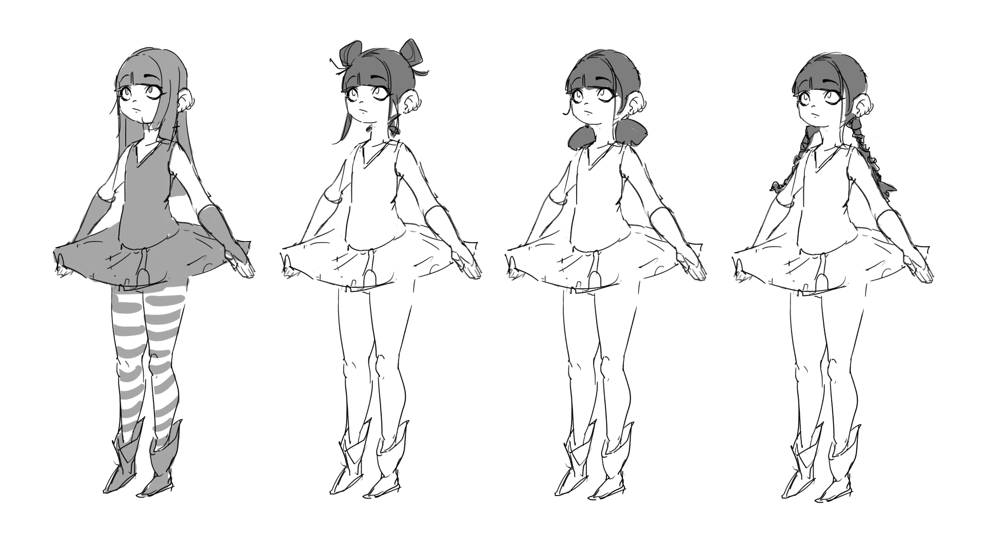 Four black and white drawings of the girl from the previous image, each with a different hairstyle. The first has long hair and bangs, the second has space buns, the third has short pigtails, and the fourth has long, low braided pigtails in the style of Wednesday Addams.