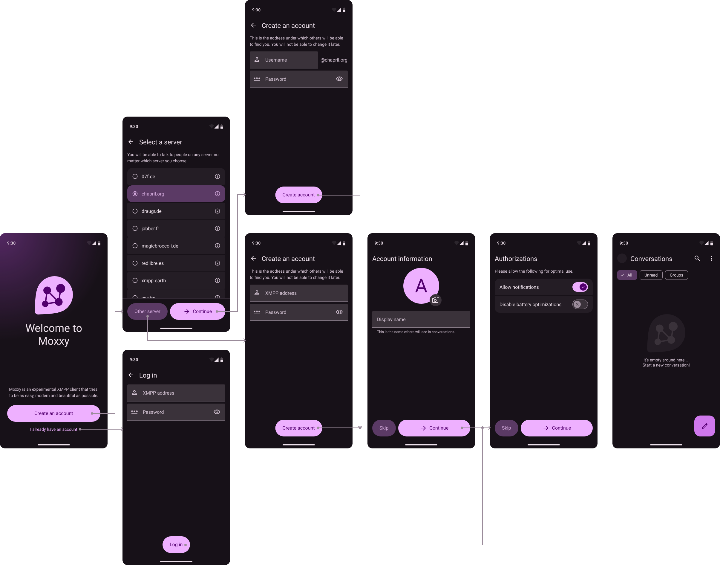 Moxxy onboarding (dark theme)
