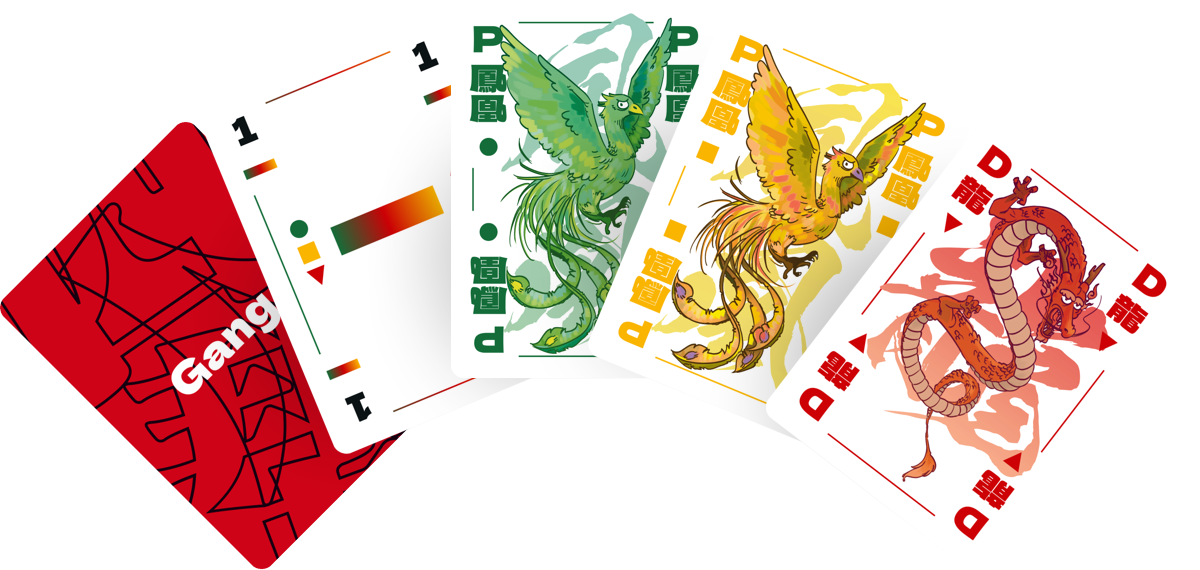 5 cards preview 5 cards of the game. From left to right: a card back, the multicolor 1, the green phoenix, the yellow phoenix, and the red dragon.