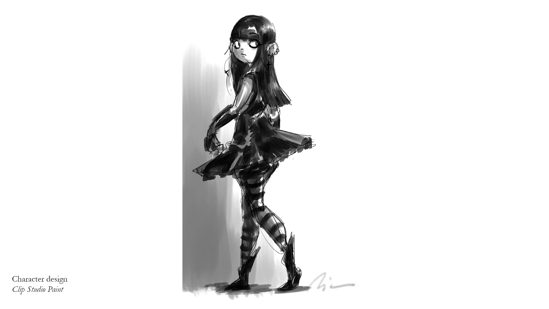 A rough black and white drawing of a young gothic girl with pale skin, long black hair with bangs, a black tutu, black and white striped tights and black boots. She also has cross earrings and ear piercings. She is seen from the left side, almost turning her back, but her head is turned towards the viewer and her eyes are looking to the right.