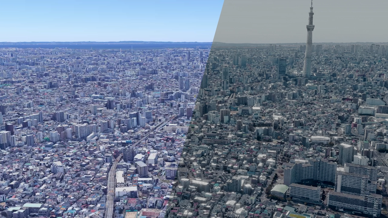 A wide aerial view of Tokyo, as if taken from a helicopter. It's actually a 3D view from Google Maps. The image is cut in two. On the left, the city appears to be sunny, the sky is bright and blue and the colors are vivid. On the right, the colors are sad and gray, the sky is greenish, and the atmosphere is depressing.