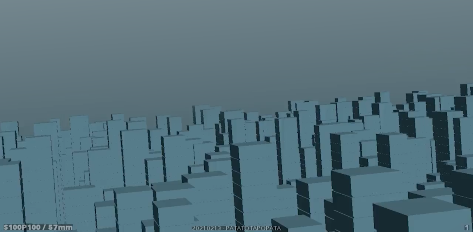 A 3D landscape with very low detail blue/gray buildings under a dark gray sky. All buildings are the same, but their height is different to give an impression of variety.