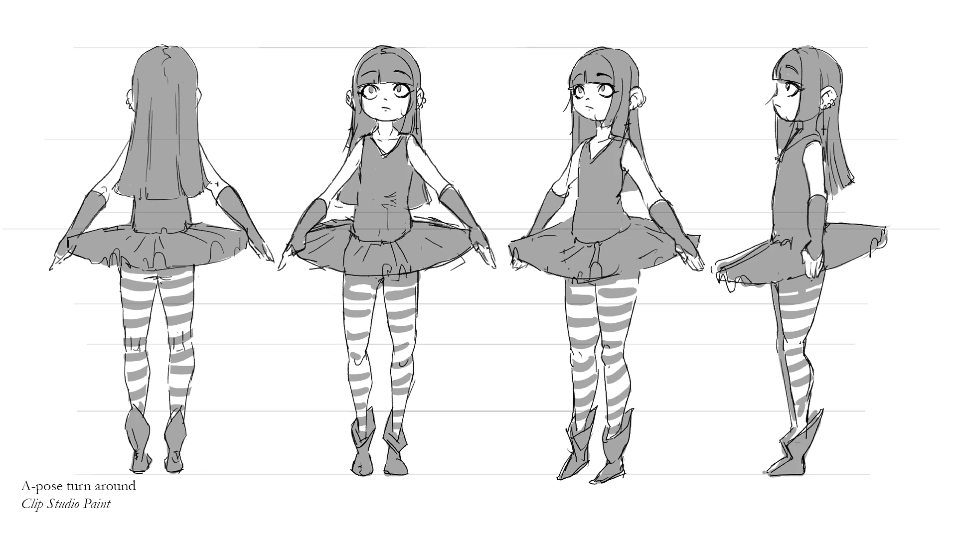 Four black and white drawings of the girl from the previous image, seen from the back, front, three-quarter and side.