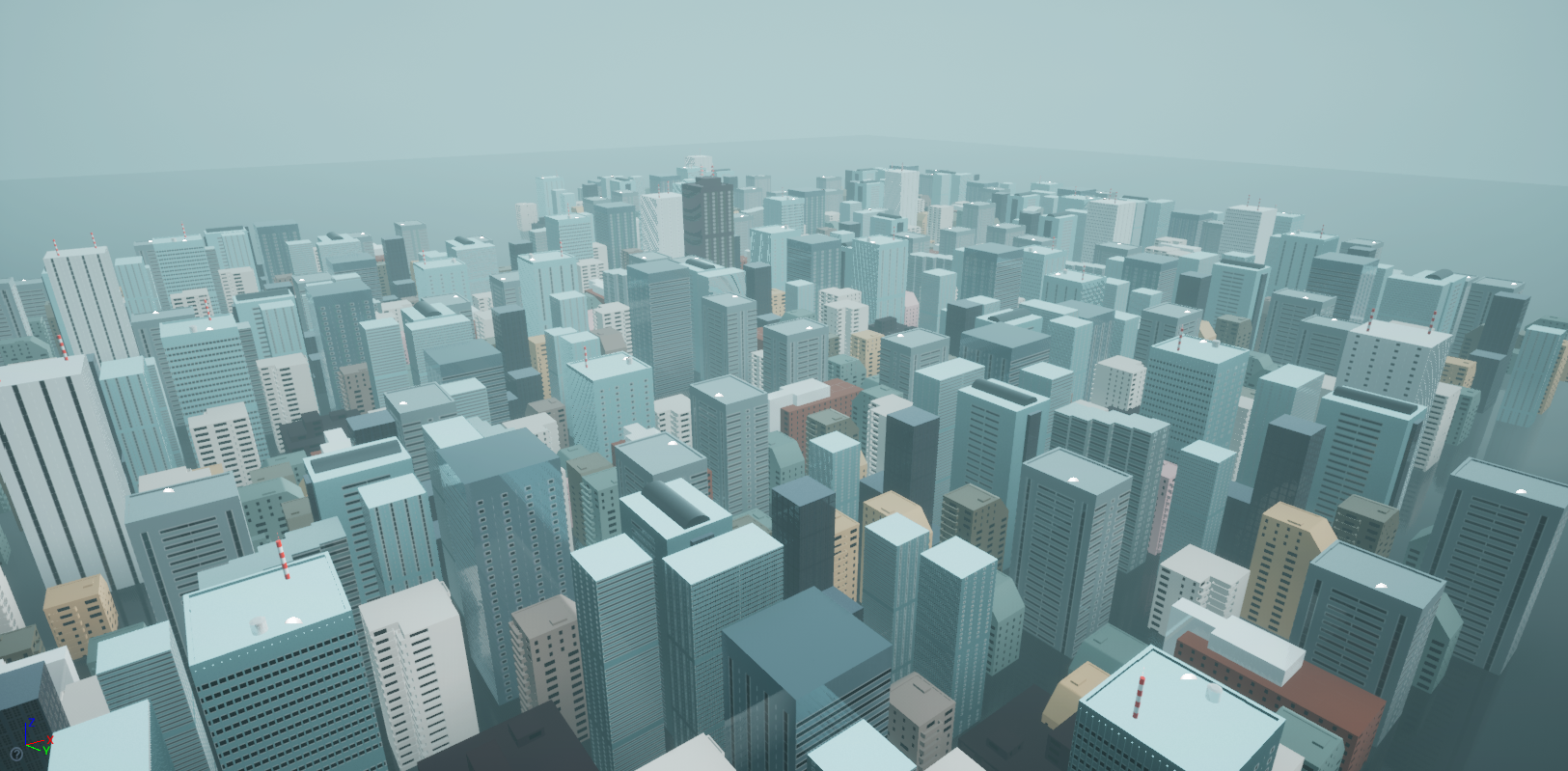 A 3D landscape of low detail buildings with different colors. There are lots of kinds of buildings, but the rendering is not very realistic.