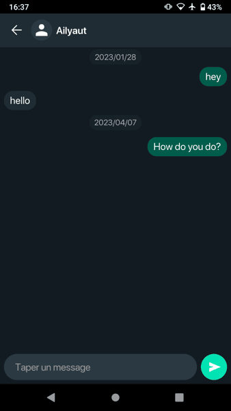 A screenshot of a conversation in the Smoke app. Person A says 'hey', person B replies 'hello', and then person A asks 'How do you do?'